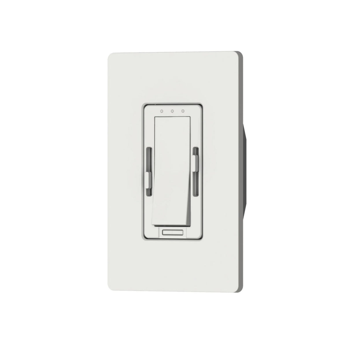 A Smart Tunable White LED Controller and Wall Switch System ~ EnoLED Cyan TW is shown: a white dimmer switch with a central sliding lever, set on a rectangular wall plate and isolated against a white background.