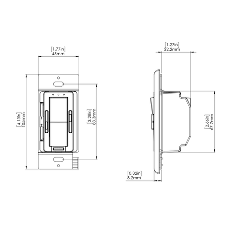 Technical line drawing of the EnoLED Cyan TW Smart Tunable White LED Controller and Wall Switch System, showing detailed front and side views with measurements in inches and millimeters for height, width, depth, and mounting dimensions.