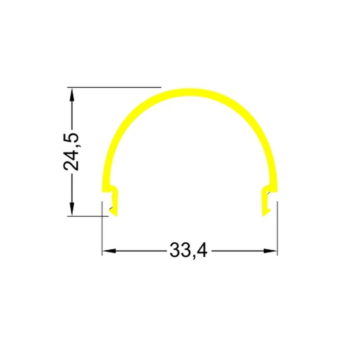 The LED Channel Cover ~ D9 Click is a yellow, semicircular diffuser with two small hooks for clip-in installation. Its dimensions are 24.5 mm vertically and 33.4 mm horizontally.