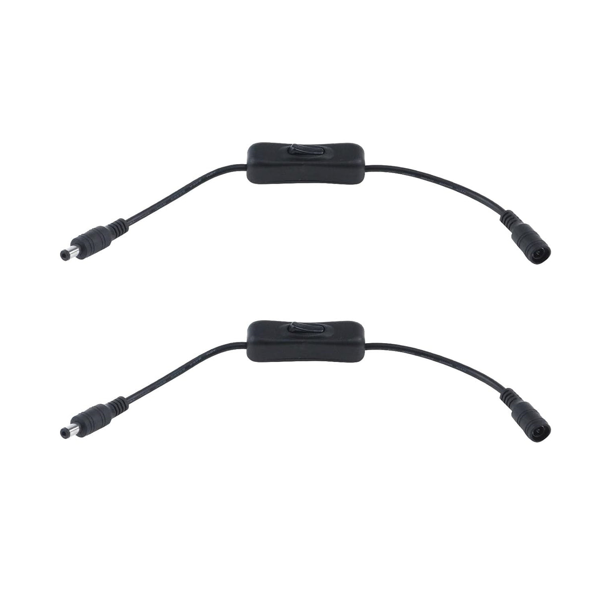 Two DC Inline On/Off Switch Power Cable Connectors, black with DC barrel connectors at each end, ideal for powering LED lights or other DC devices, are placed parallel on a white background.