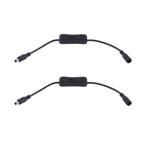 Two DC Inline On/Off Switch Power Cable Connectors, black with DC barrel connectors at each end, ideal for powering LED lights or other DC devices, are placed parallel on a white background.