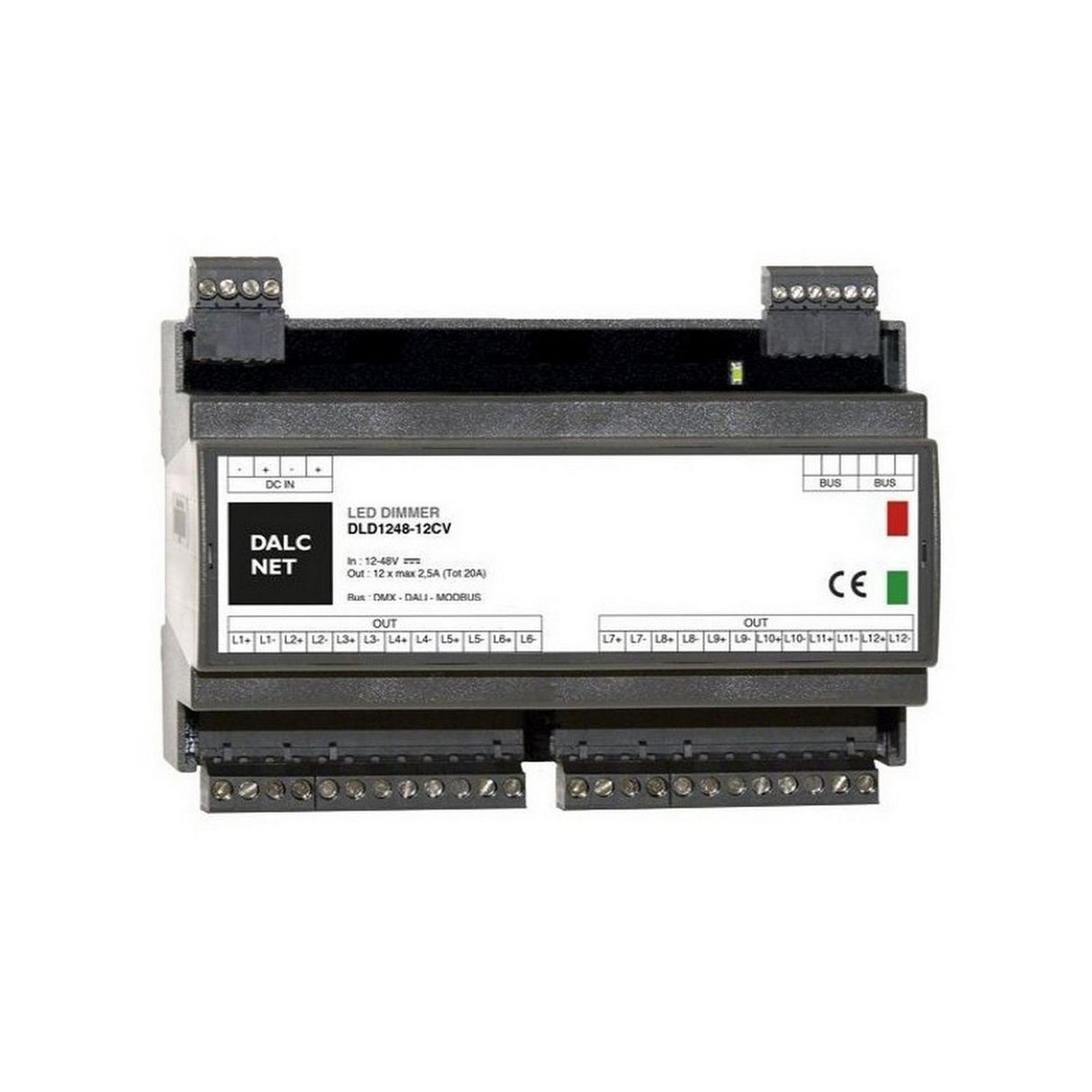 The DIN-rail 12-Channel Constant Voltage LED Dimmer (Model DLD1248-12CV-DMX) features multiple terminal connections, indicator lights, front-panel technical info, and supports DMX control for advanced lighting adjustments.
