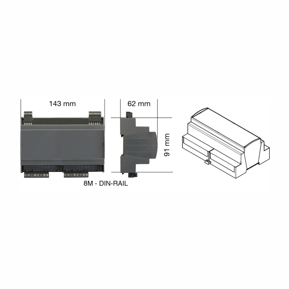 Diagram of the DIN-rail 12-Channel Constant Voltage LED Dimmer with DMX (DLD1248-12CV-DMX); 8M enclosure ideal for LED dimmer/DMX control, measuring 143 mm wide, 62 mm deep, and 91 mm tall. Front, side, and isometric views shown.