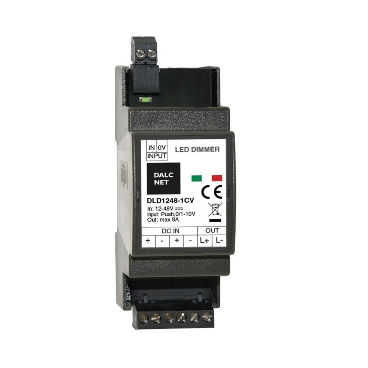 The DIN-rail 1-Channel LED Dimmer with 0-10V Control (Model DLD1248-1CV) features a rectangular design, multiple terminals, digital PWM control, and front panel indicators for specs and certifications.