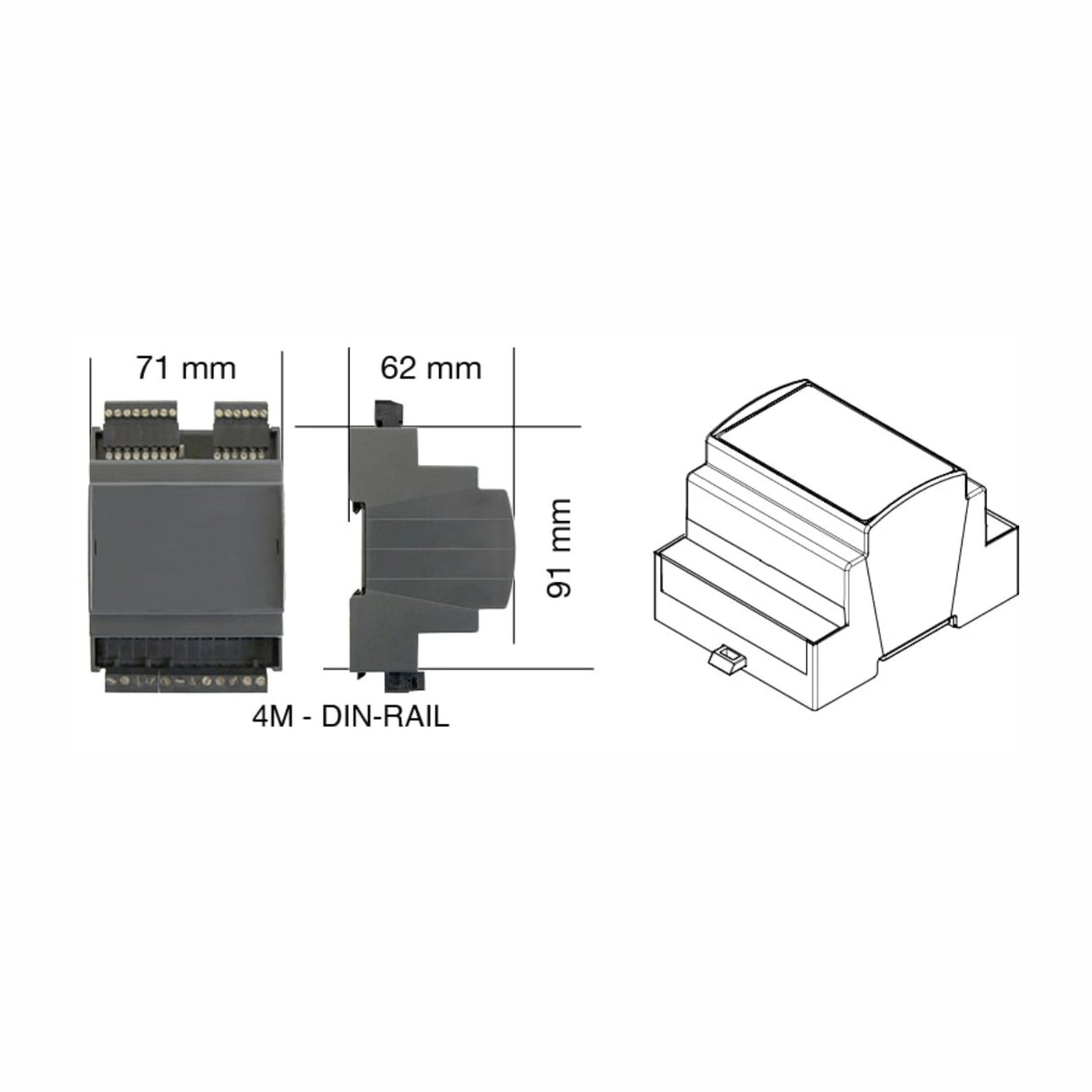 Technical drawing and measurements of the DIN-rail 4-Channel Constant Voltage LED Dimmer (Model DLD1248-4CV-DMX); dimensions: 71 mm (W) × 62 mm (D) × 91 mm (H), with a 3D line drawing shown on the right.