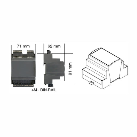 Technical drawing and measurements of the DIN-rail 4-Channel Constant Voltage LED Dimmer (Model DLD1248-4CV-DMX); dimensions: 71 mm (W) × 62 mm (D) × 91 mm (H), with a 3D line drawing shown on the right.
