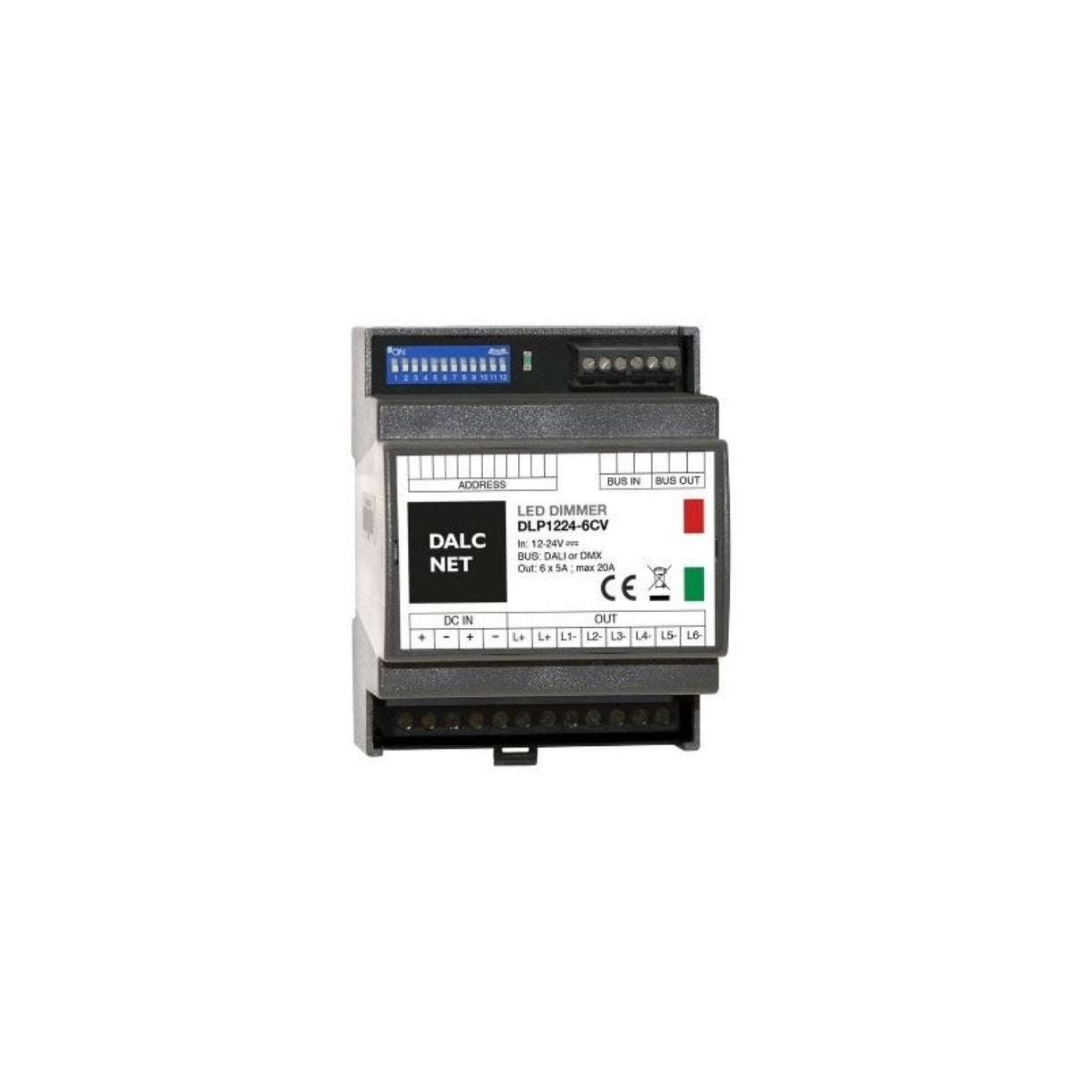A DIN-rail 6-Channel Constant Voltage LED Dimmer with DMX (Model DLP1224-6CV-DMX) features labeled ports, tunable white, blue control switches, DMX support, and status indicators on a white background.