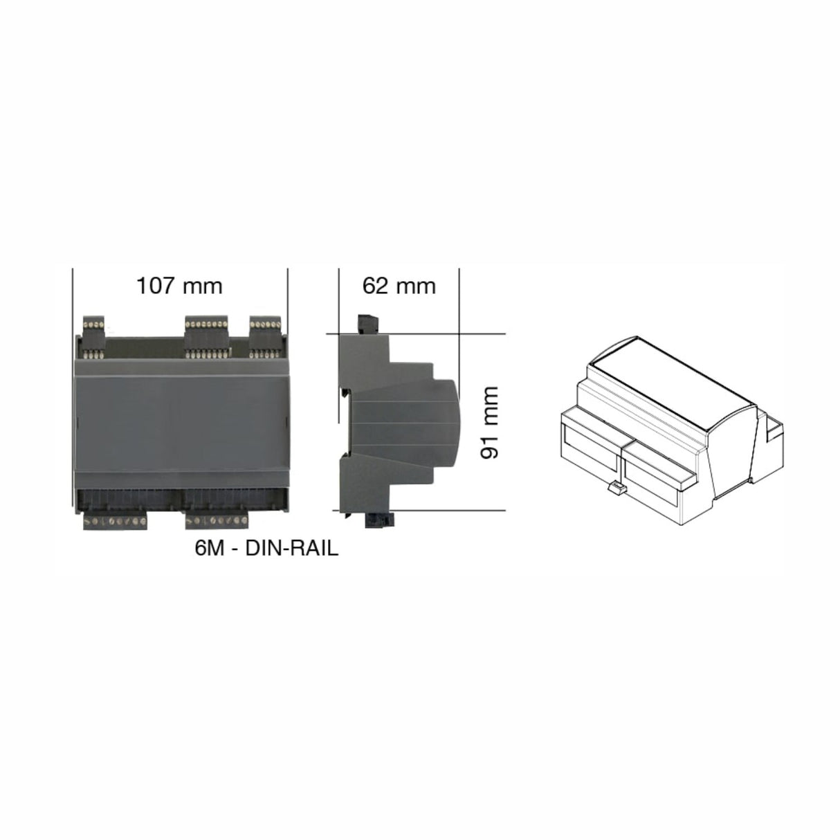 The DIN-rail 6-Channel Constant Voltage LED Dimmer with DMX (Model DLP1224-6CV-DMX) is a rectangular enclosure, ideal for LED dimming or DMX control, measuring 107×62×91 mm. Images show front, side, and a line drawing of the product.