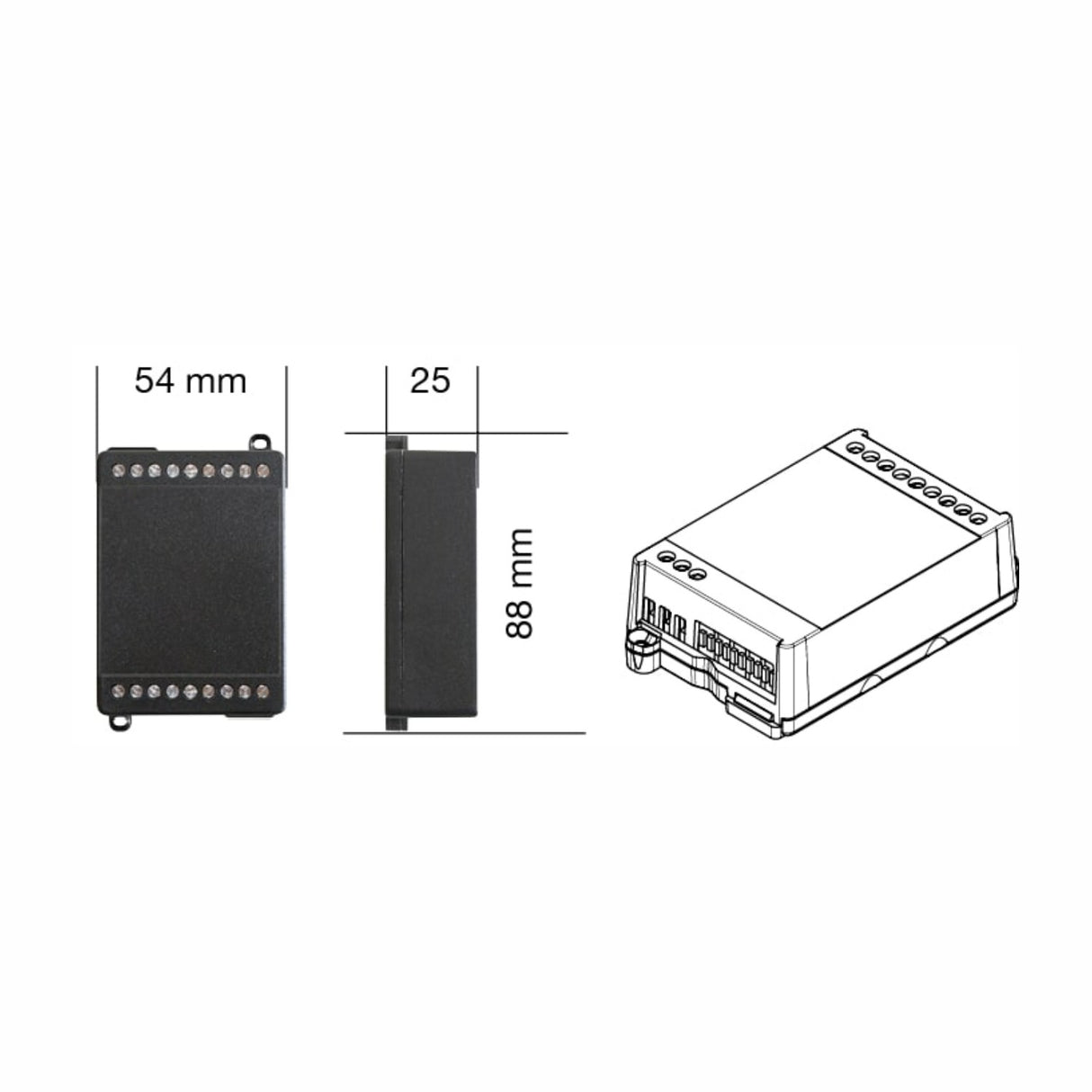Three views of the DMX 4-Ch Constant Current LED Controller (500mA) DLX1224-4CC500-DMX: front (54mm width), side (25mm depth), top (88mm height), plus a line drawing of terminal connections and case details for RGBW setup.