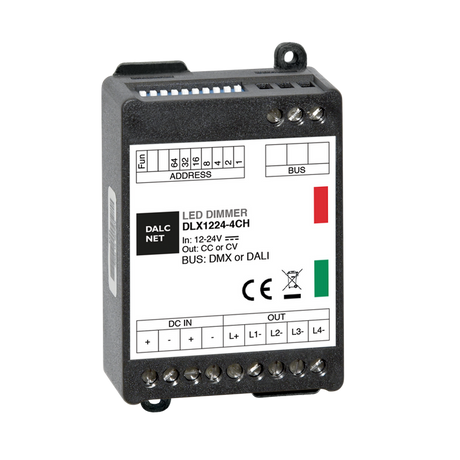 A black rectangular RGBW 4-Ch Constant Current LED Controller (Model DLX1224-4CC350-DALI, 350mA, DALI) features connection terminals, indicator lights, and technical info on its white front panel, set against a gray background.