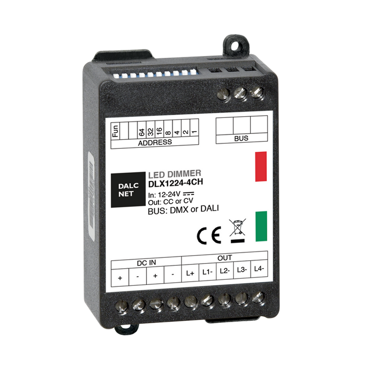 The DMX 4-Ch Constant Current LED Controller (350mA), model DLX1224-4CC350-DMX, is a black rectangular device with input/output terminals, indicator lights, and specs on the white front panel, designed for RGBW color outputs.