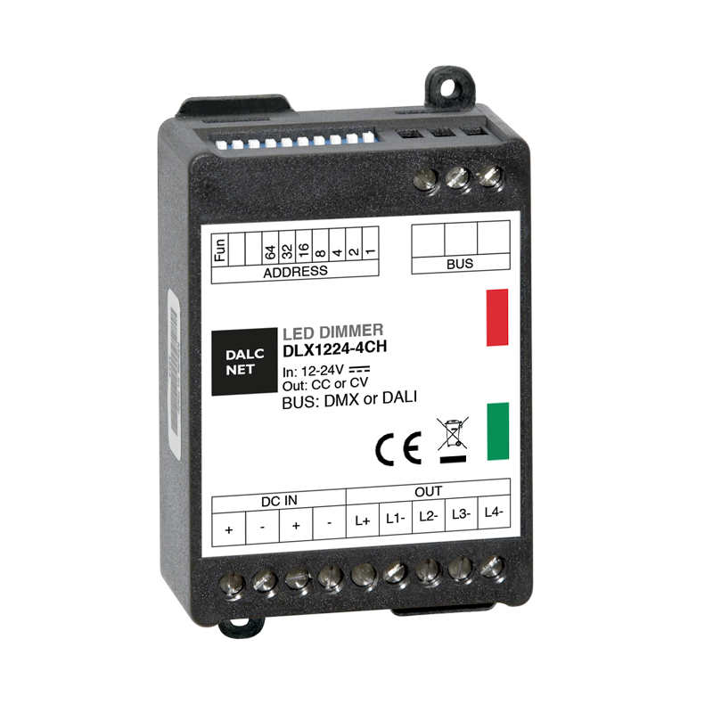 The DMX 4-Ch Constant Current LED Controller (500mA), model DLX1224-4CC500-DMX, features input/output terminals, indicator lights, technical specs, and supports DMX512 for precise RGBW color control.