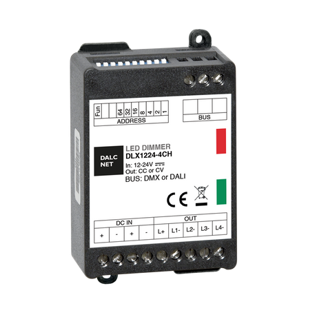 The DMX 4-Ch Constant Current LED Controller (500mA), model DLX1224-4CC500-DMX, features input/output terminals, indicator lights, technical specs, and supports DMX512 for precise RGBW color control.