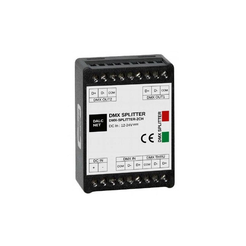 A black rectangular 2-Channel DMX Bus Splitter (Model DMX-SPLITTER-2CH-RDM) with labeled terminal ports, indicator lights, a DMX/RDM input, and technical info for DMX512+RDM buses appears on its label.