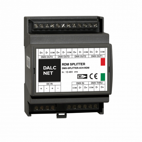 The 4-Channel DMX Bus Splitter for Lighting Control Systems (Model DMX-SPLITTER-4CH-RDM-LE) features labeled input/output ports, indicator lights, a DALCNET logo, and is DIN rail-mountable for reliable DMX/RDM signal distribution.