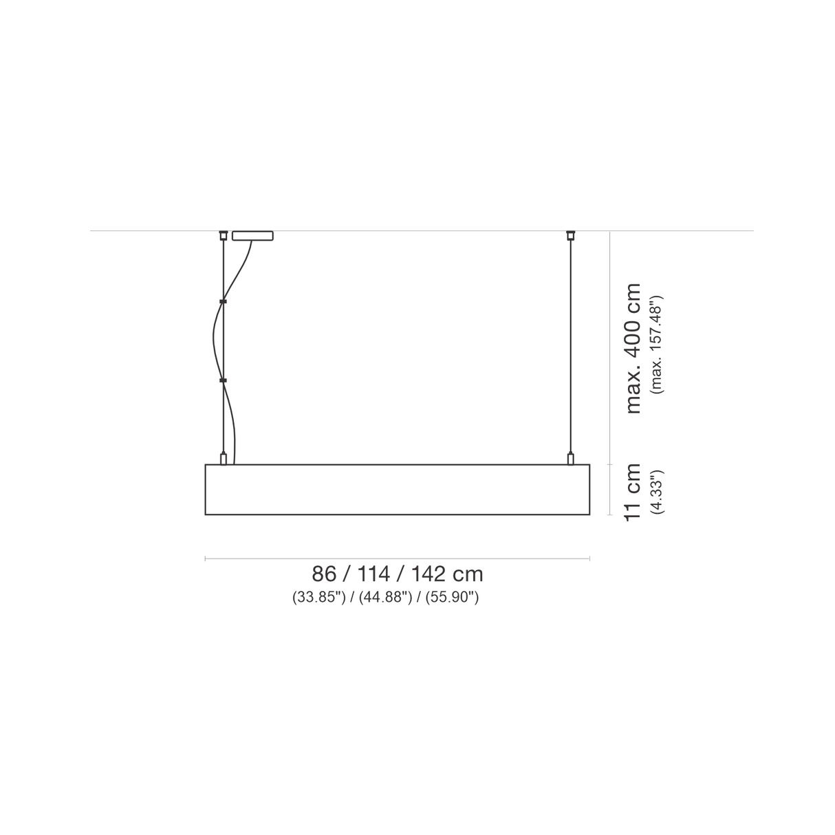 Line drawing of the Suspended Linear Trapezoid LED Light Fixture ~ Model Dalia, featuring adjustable hanging height up to 400 cm, 11 cm fixture height, lengths of 86, 114, or 142 cm, and flicker-free illumination; imperial units included.