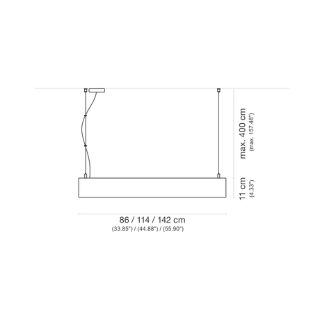 Line drawing of the Suspended Linear Trapezoid LED Light Fixture ~ Model Dalia, featuring adjustable hanging height up to 400 cm, 11 cm fixture height, lengths of 86, 114, or 142 cm, and flicker-free illumination; imperial units included.