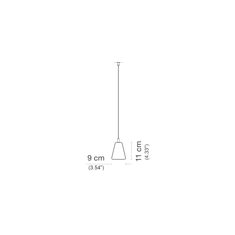 Line drawing of the Suspended Linear Trapezoid LED Light Fixture ~ Model Dalia, featuring a conical shade (9 cm wide, 11 cm tall) and thin ceiling cord, offering flicker-free illumination.