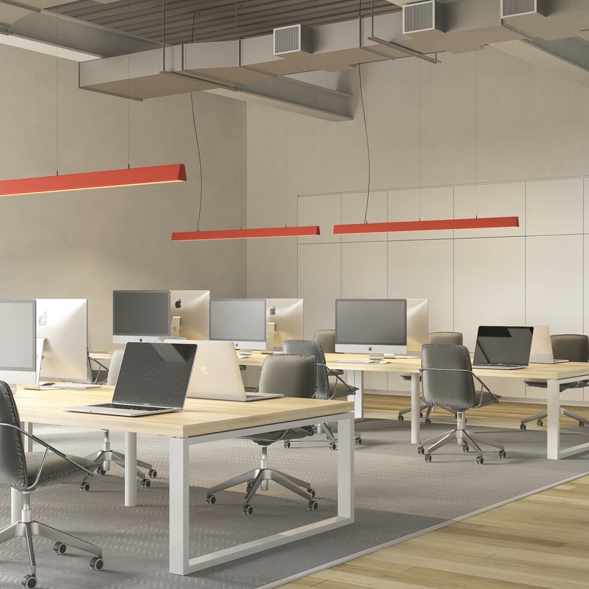 Modern open office with rows of desks, each with desktop computers and chairs, illuminated by Suspended Linear Trapezoid LED Light Fixture ~ Model Dalia for flicker-free lighting; features a minimalist, clean design.