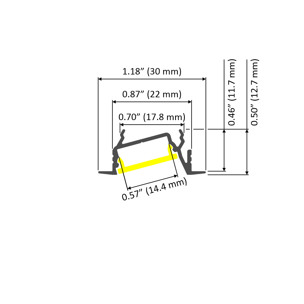 Cross-section diagram of Recessed LED Channel for Angled Lighting (Model Diagonal14) showing a tilted yellow bar inside; width 1.18 (30mm), inner widths 0.87 (22mm) & 0.70 (17.8mm), yellow bar 0.57 (14.4mm), heights 0.50, 0.46.