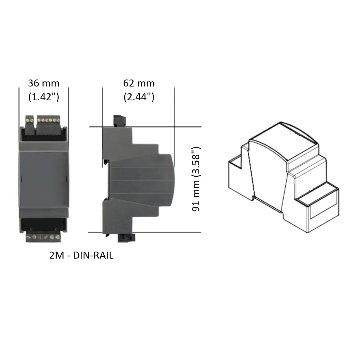 The DIN-rail 1-Channel LED Dimmer with 0-10V Control (Model DLD1248-1CV) is black, rectangular, and measures 36 mm (W) × 62 mm (D) × 91 mm (H), shown in top and side views with a line drawing on the right.