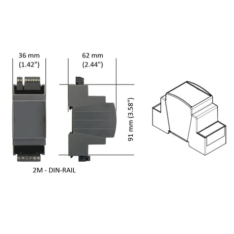 The DIN-rail 1-Channel LED Dimmer with 0-10V Control (Model DLD1248-1CV) is black, rectangular, and measures 36 mm (W) × 62 mm (D) × 91 mm (H), shown in top and side views with a line drawing on the right.