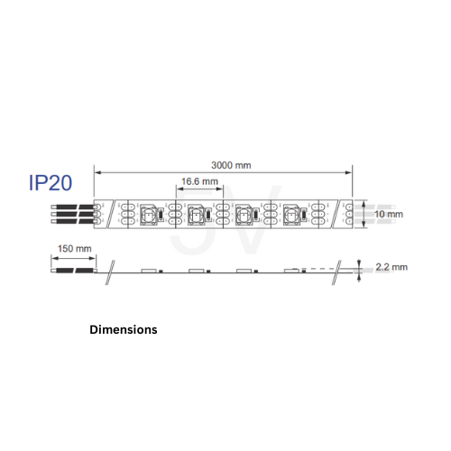 Technical diagram of the RGB Pixel SK6812 IP68 Waterproof LED Strip (5V) ~ Lantana Series, showing 3000mm length, 10mm width, 16.6mm LED spacing, 2.2mm height, and 150mm segment separations; titled Dimensions.