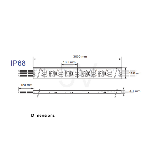Technical drawing of the RGB Pixel SK6812 IP68 Waterproof LED Strip (5V) ~ Lantana Series, showing length 3000 mm, width 11.6 mm, height 4.1 mm, segment length 16.6 mm, and wire length 150 mm; IP68 rated for maximum protection.