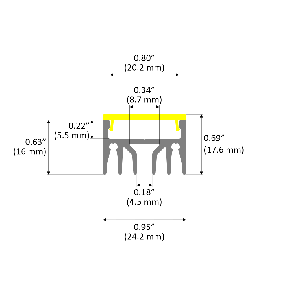 Technical diagram of the Surface Mount LED Strip Channel ~ Model Alu-Epoxy in gray aluminum with a yellow diffuser, showing labeled dimensions (inches/mm) for height, width, and recessed installation feature distances.