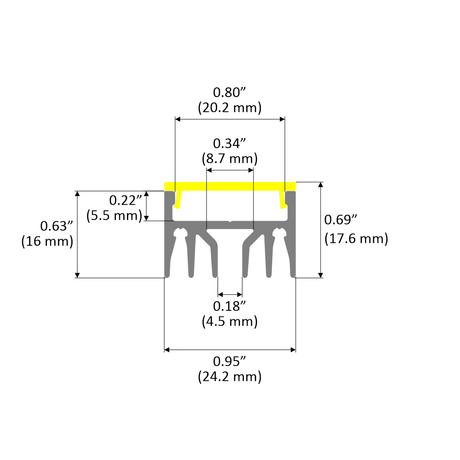 Technical diagram of the Surface Mount LED Strip Channel ~ Model Alu-Epoxy in gray aluminum with a yellow diffuser, showing labeled dimensions (inches/mm) for height, width, and recessed installation feature distances.