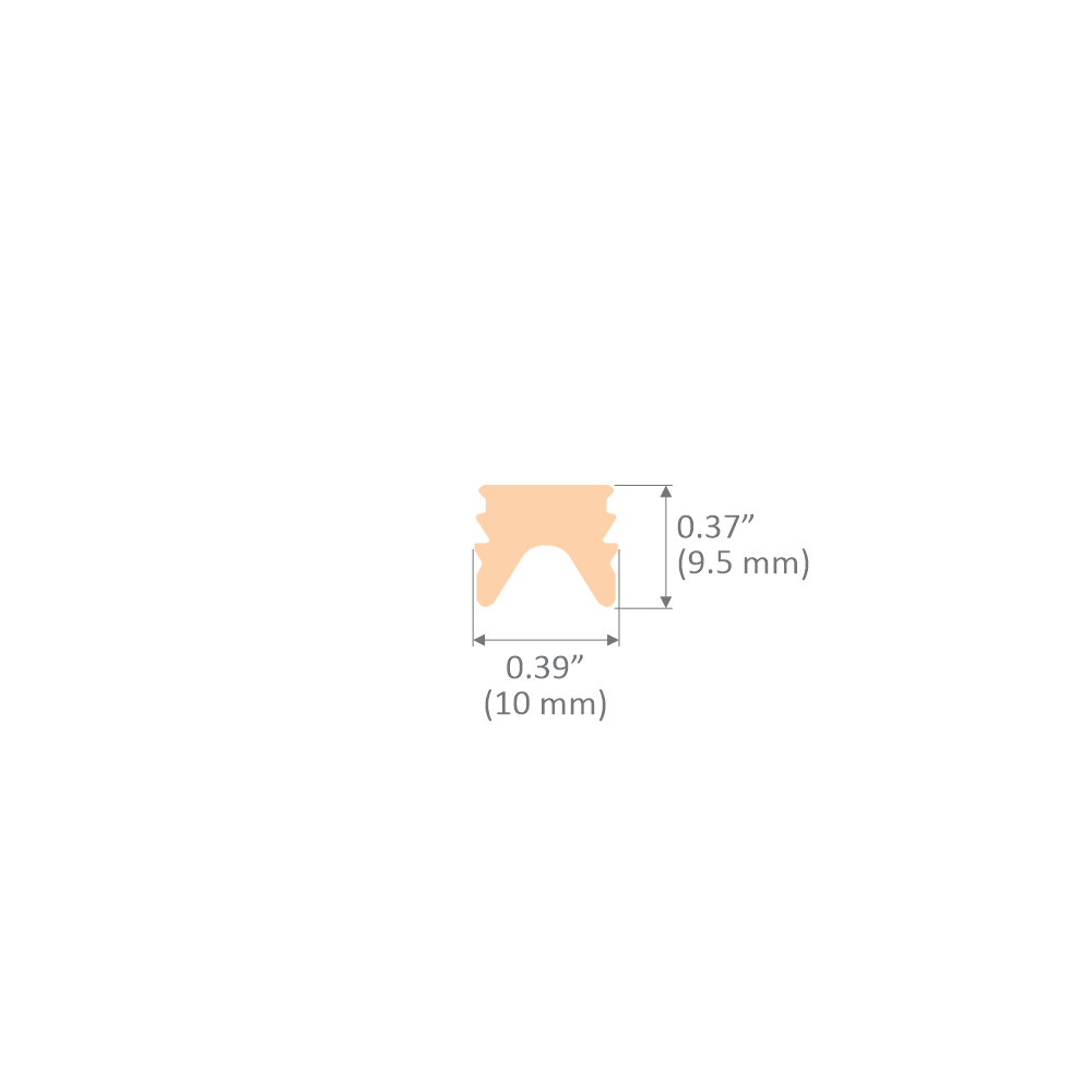 A diagram of a light orange cross-section labeled Cannes LED Strip Flexible Diffuser displays dimensions: 0.39 inches (10 mm) wide and 0.37 inches (9.5 mm) tall, on a white background.