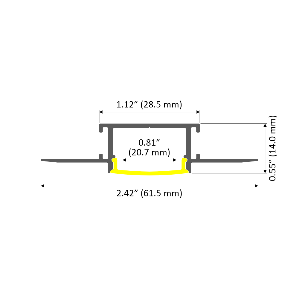 Cross-section diagram of the 1.1 Ceiling/Wall Recessed Linear LED Lighting Profile (Model Montana) with labeled dimensions: 2.42 (61.5 mm) width, 1.12 (28.5 mm) top, 0.81 (20.7 mm) inner gap, and 0.55 (14 mm) height; yellow shows bottom arch.