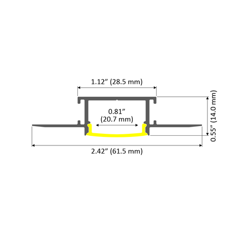Cross-section diagram of the 1.1 Ceiling/Wall Recessed Linear LED Lighting Profile (Model Montana) with labeled dimensions: 2.42 (61.5 mm) width, 1.12 (28.5 mm) top, 0.81 (20.7 mm) inner gap, and 0.55 (14 mm) height; yellow shows bottom arch.
