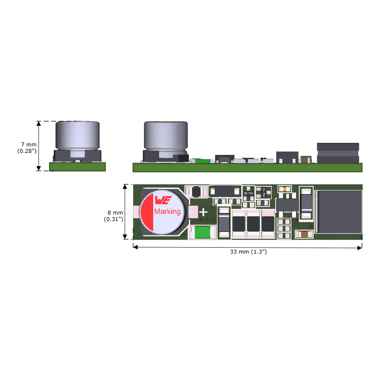 Side and top views of NANODRIVER-1CC Single Channel Dimmable Constant Current LED Driver circuit board, 33 mm long, 8 mm tall, 7 mm deep, with capacitors and a WE Marking inductor for dimmable LED modules.