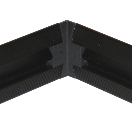 Close-up of a black, grooved Dubai Profile frame with a sharp 90-degree joint, showing two pieces linked by the Plastic Corner Connector for Dubai Profile.