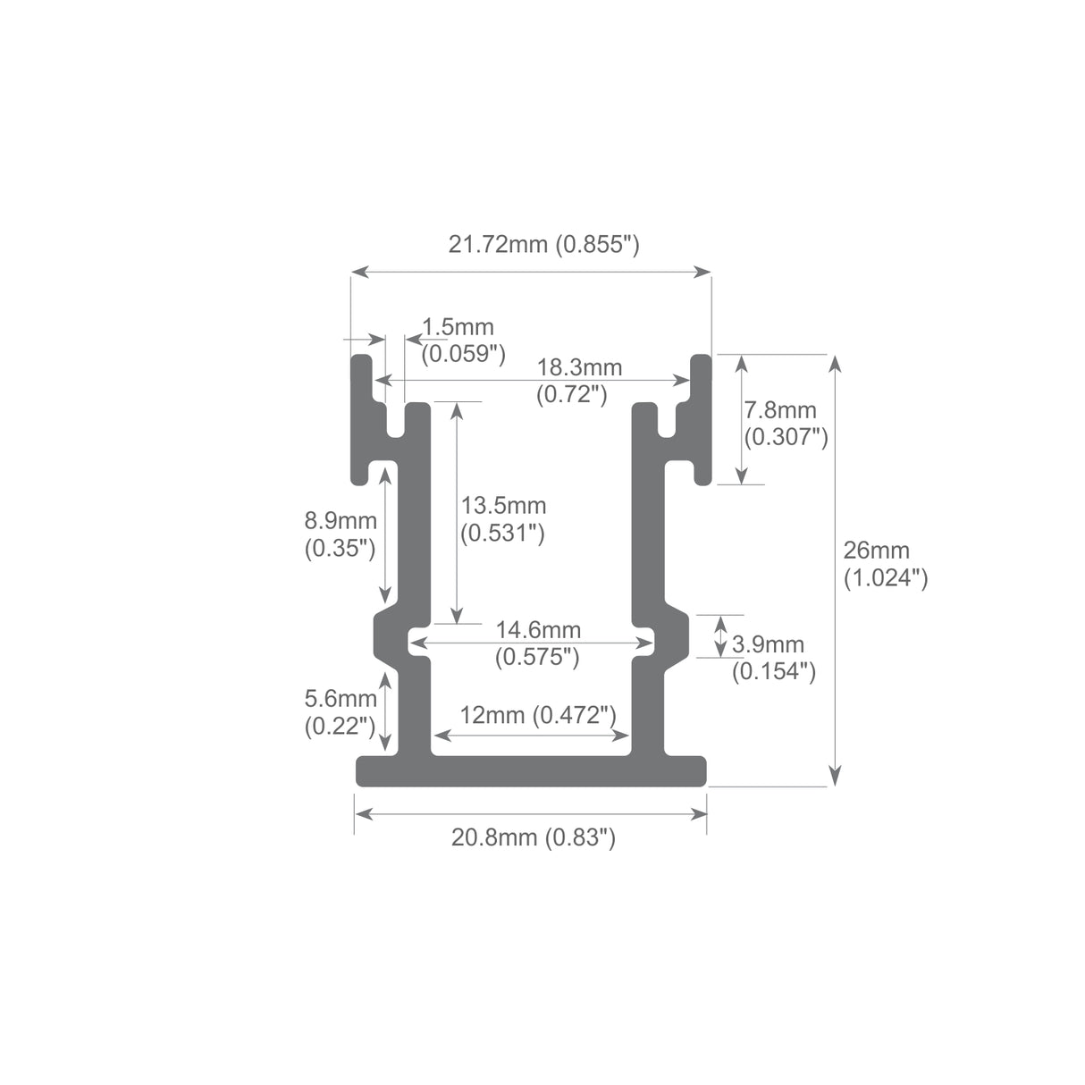 Technical drawing of the Drive-safe Embedding LED Profile ~ Model Dublin XL cross-section with detailed mm and inch measurements for widths, heights, and thicknesses—perfect for waterproof or outdoor linear LED strip setups.