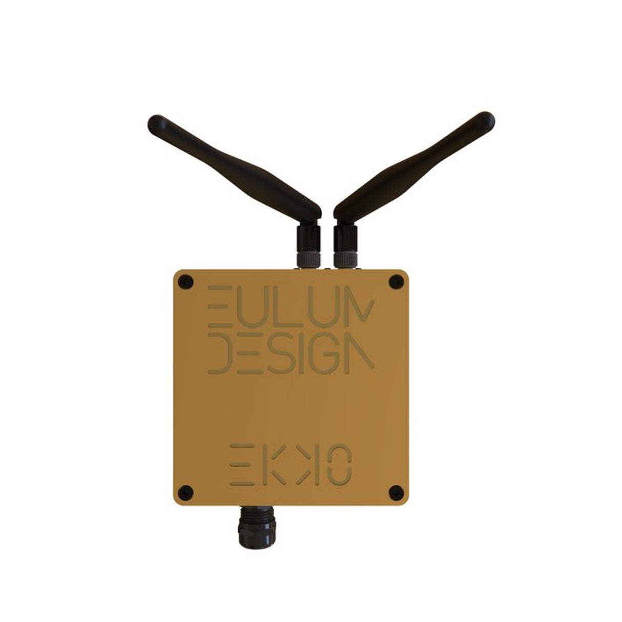 The Casambi Ultra Long-Range Dual-Antenna Signal Repeater ~ Eulum EKKO-CSB-T is a compact brown device with two black antennas on top, two cable ports underneath, and FULUM DESIGN and EKKO labeled on the front in a modern font.