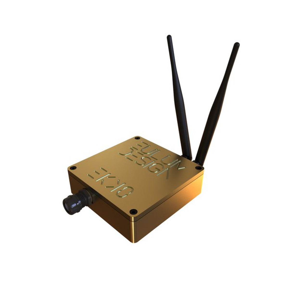 A compact, modern gold-colored Casambi Ultra Long-Range Dual-Antenna Signal Repeater (Eulum EKKO-CSB-T) with dual antennas and a circular connector. The embossed top features VISJET and ONE.