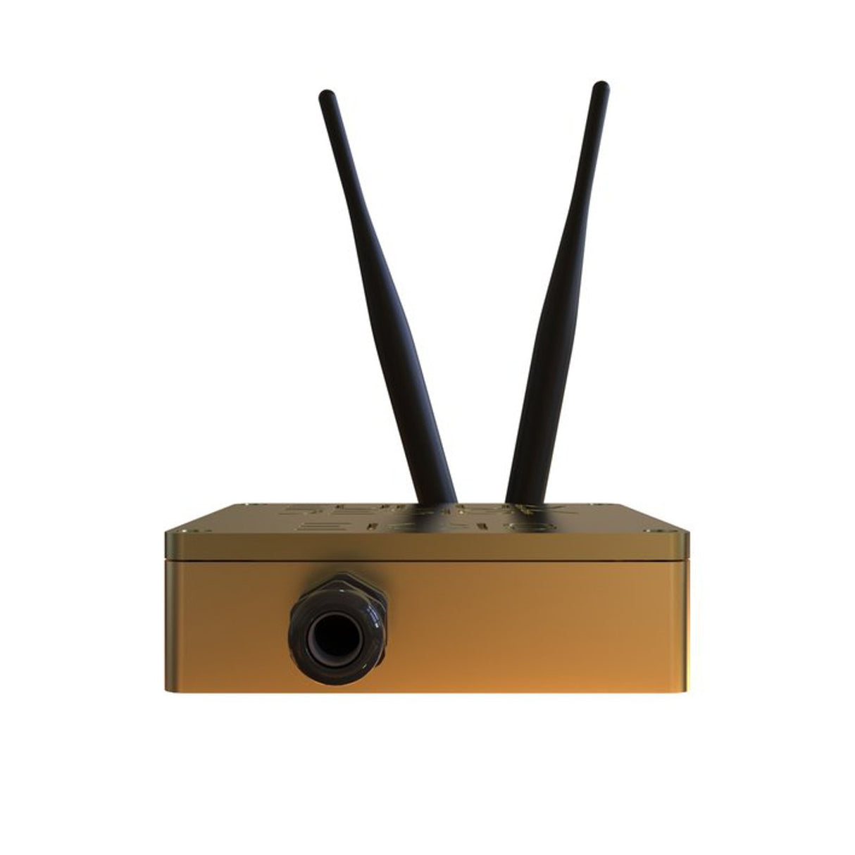 The Casambi Ultra Long-Range Dual-Antenna Signal Repeater (Eulum EKKO-CSB-T) is gold-colored with two black antennas and a circular black front port, designed to boost Casambi signal coverage; shown against a white background.