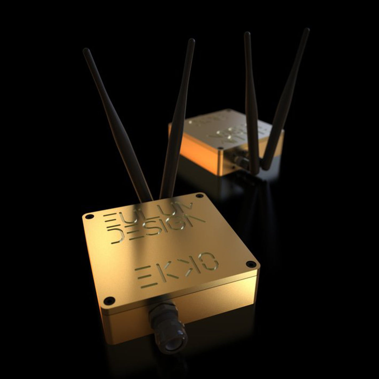 Two gold-colored Casambi Ultra Long-Range Dual-Antenna Signal Repeaters (Eulum EKKO-CSB-T) with black antennas rest on a reflective black surface, designed to boost Casambi signal coverage.