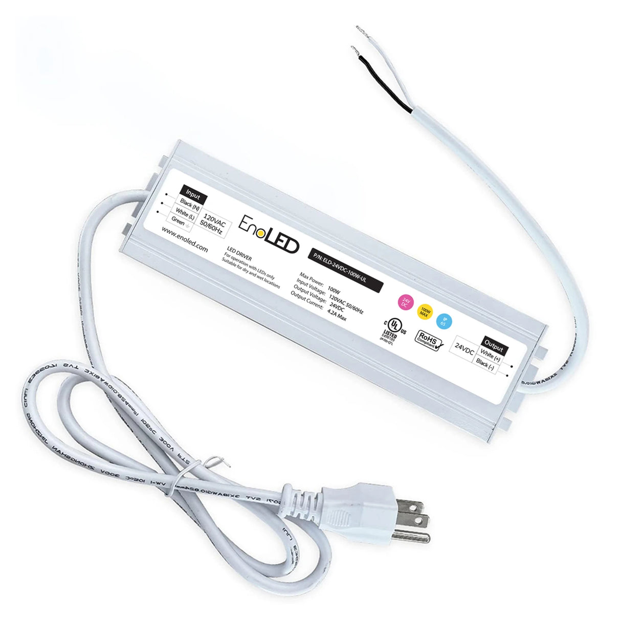Rectangular white Non-Dimmable Plug-In LED Driver (24V) from EnoLED ELD Series, features a labeled housing, attached white cables with standard two-prong plug. UL-listed and IP65 rated for versatile indoor or outdoor use.