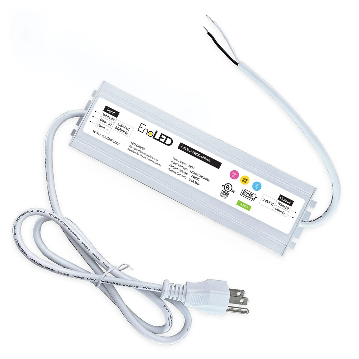 The EnoLED ELD Series Non-Dimmable Plug-In LED Driver (24V) features a rectangular white waterproof casing, labeled specs, a power cord with plug, and two exposed connection wires. This UL-listed device is displayed on a white background.