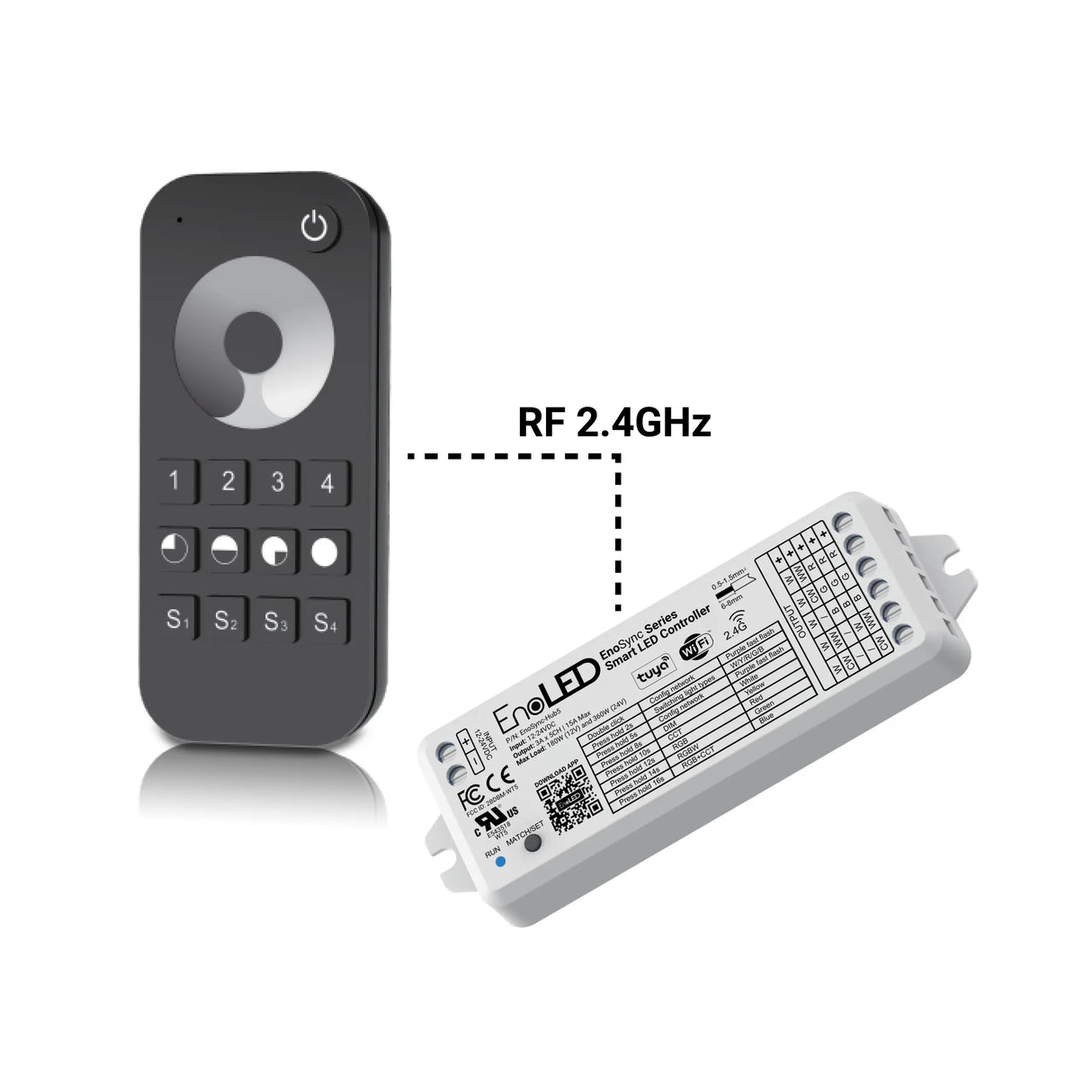 The EnoLED ES-RT-Z4-DIM Single Color Dimming Touch Wheel RF Remote Controller, shown in black with numbered buttons and a circular touchpad beside a white LED controller, provides wireless LED lighting control via 2.4GHz RF.
