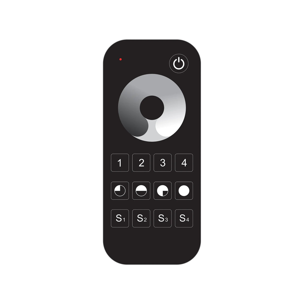 The EnoLED ES-RT-Z4-DIM Single Color Dimming Touch Wheel RF Remote Controller is a black remote with a round button, enabling wireless brightness control for LED lighting systems.
