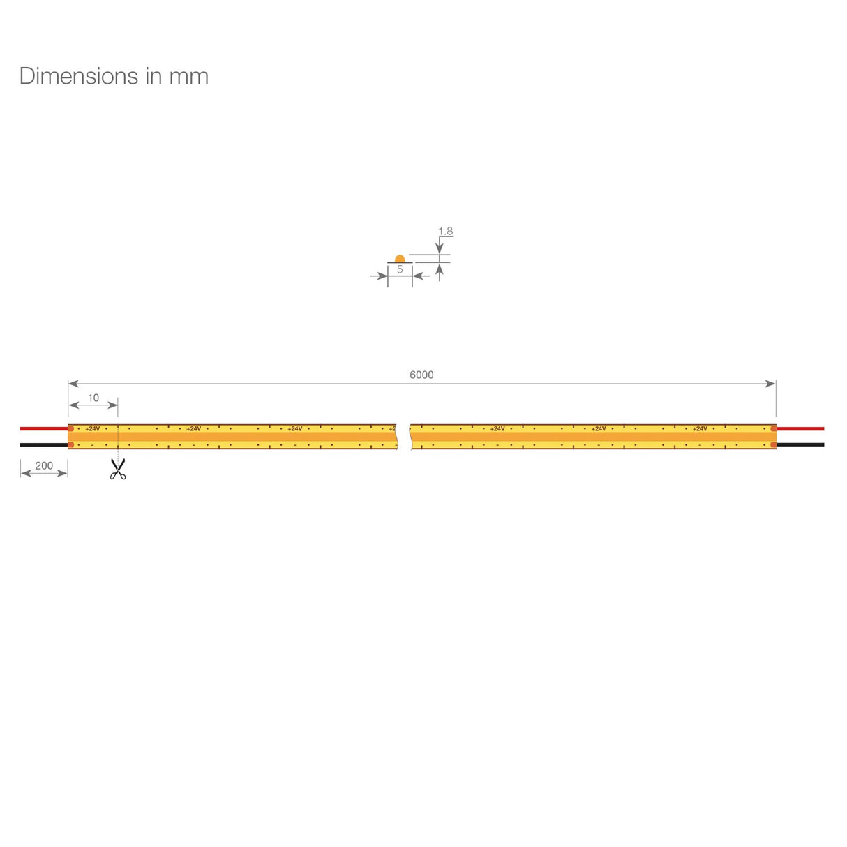 Diagram of the Narrow COB IP20 High CRI LED Strip (24V) ~ Elite Gold Slim Series: a 6000x10 mm yellow LED strip with high-performance COB tech, cut marks every 200 mm, and a flexible 1.8 mm thickness. All dimensions in millimeters.