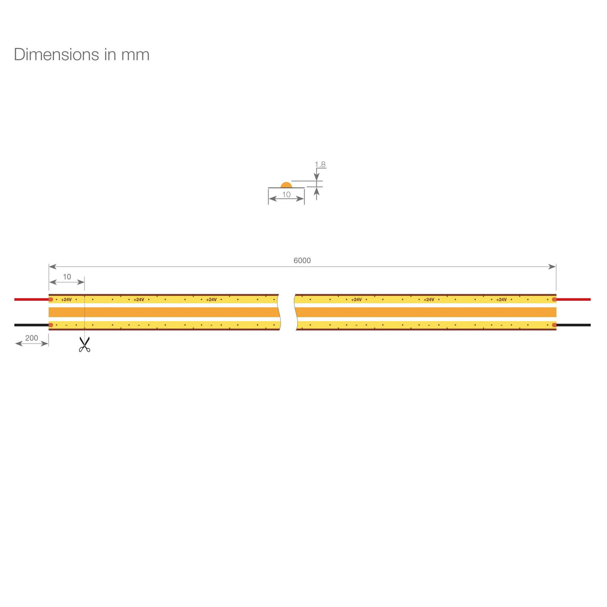Technical drawing of the COB IP20 High CRI LED Strip (24V) ~ Elite Gold Series: 6000 mm long yellow bar, width 10 mm, height 18 mm, with a cutting point at 200 mm from the left. All dimensions in millimeters; perfect for LED strip setups.