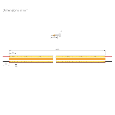 Technical drawing of the COB IP20 High CRI LED Strip (24V) ~ Elite Gold Series: 6000 mm long yellow bar, width 10 mm, height 18 mm, with a cutting point at 200 mm from the left. All dimensions in millimeters; perfect for LED strip setups.