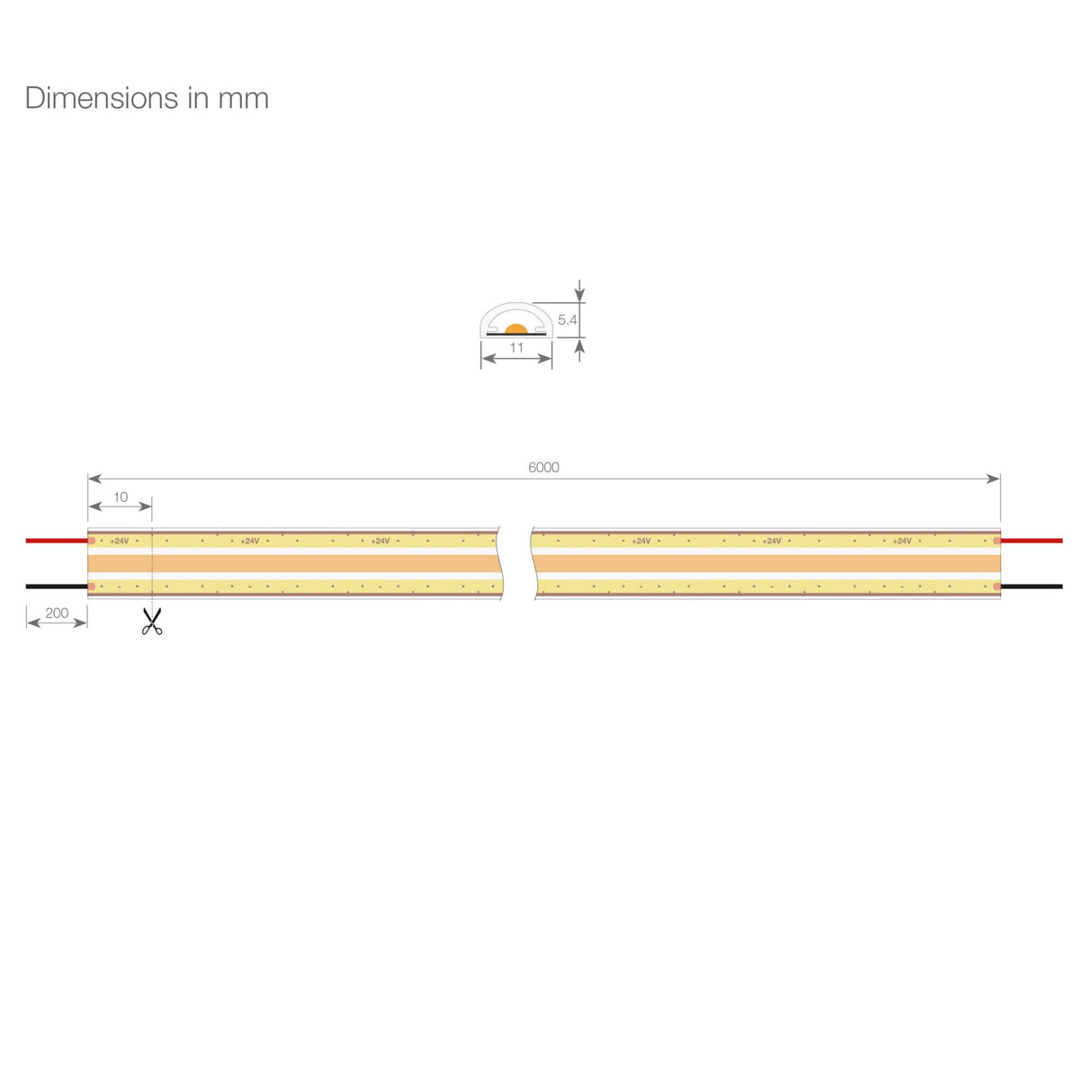 Technical drawing of the Waterproof COB IP67 High CRI LED Strip (24V) ~ Elite Gold Series, showing dimensions: 6000 mm length, 11 mm width, 5.4 mm height, cut marks every 200 mm, and red/black wires at both ends.