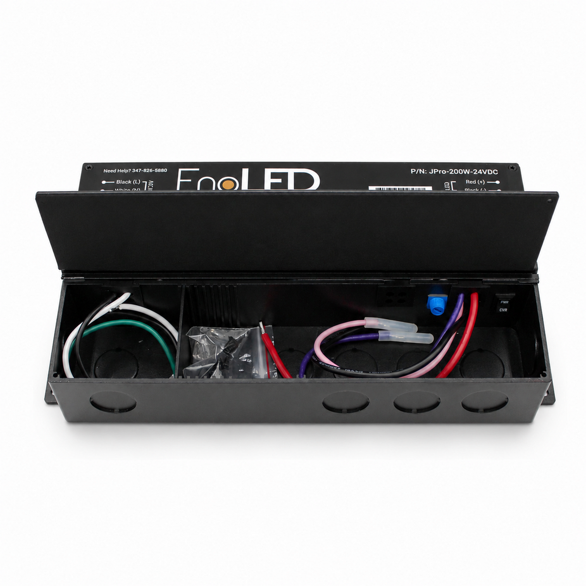 Black metal electrical box labeled Enoled JPro Series with its lid open, showing wiring, connectors, mounting holes inside, and equipped with the 5-in-1 Dimmable J-Box LED Driver (24V) for versatile lighting installations.