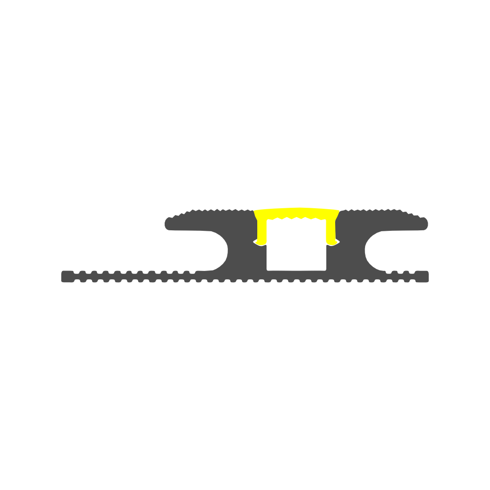 A simple side-view illustration of the Floor Light Profile ~ Model Estambul, showing a black zipper-like design with a yellow-highlighted slider on a white background, evoking the look of an aluminum LED channel.